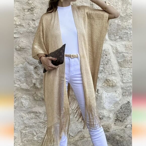 New Gold Fringe Kimono / Shawl /Swim Cover-Up - Picture 8 of 12